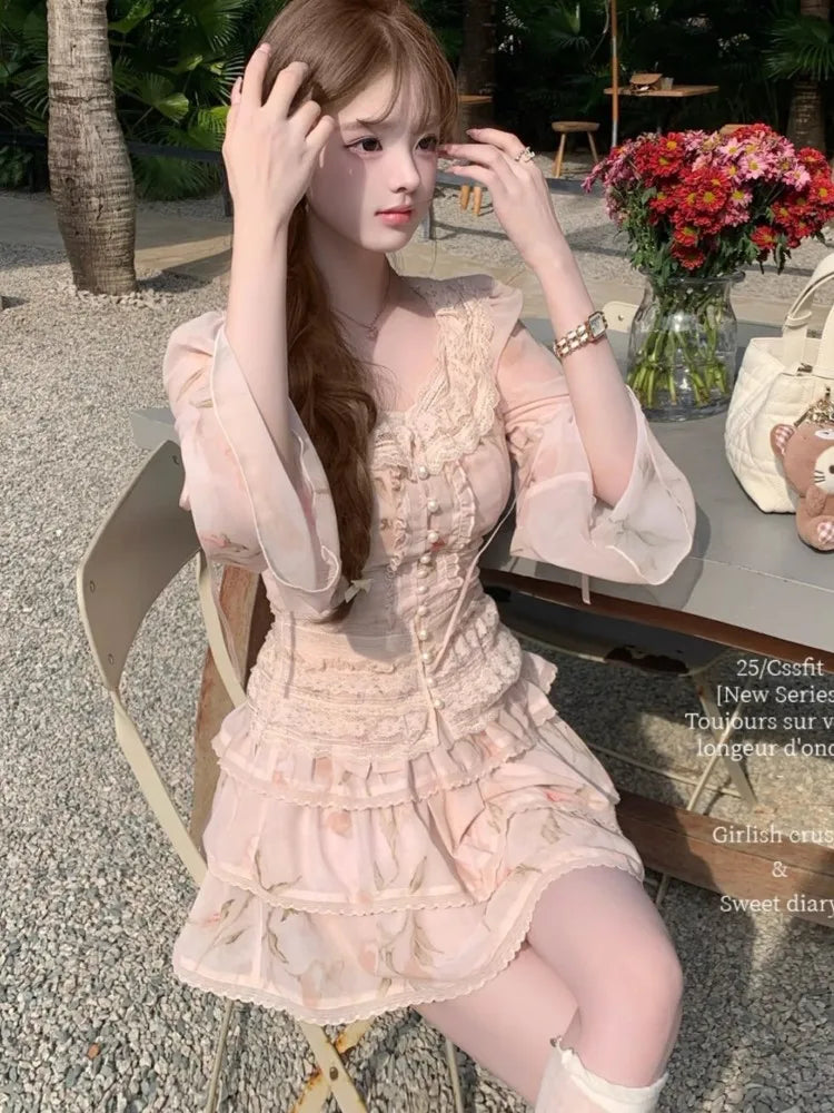 Hnewly Women Print Lace Two Pieces Sets French Elegant Spliced Ruffles Slim Waist Lace-up O-Neck Top + Cake A-Line Skirt Summer Fashion