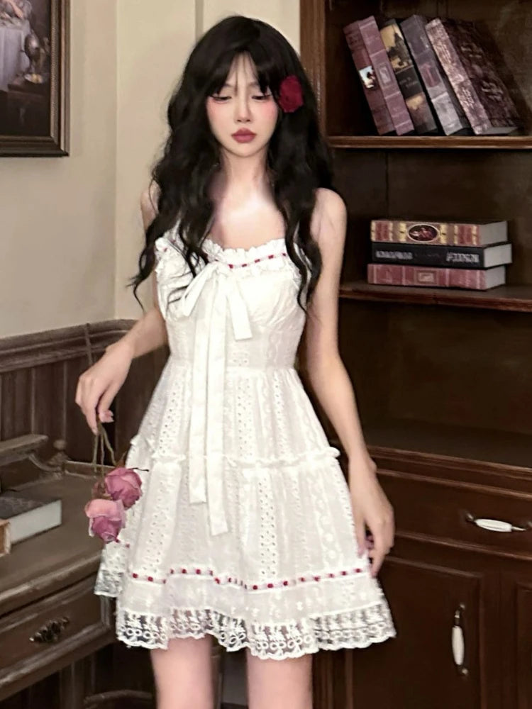 Hnewly 2000s Vintage Elegant Mini Dress Women Sweet Lace Hollow Out Sleeveless Dress Summer Birthday Party Strap Dress French