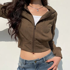 Hnewly Vintage Cropped Jackets Women Stand Collar Solid Color Casual Coats Slim Pocket Zip Up Harajuku Safari Style Outwear