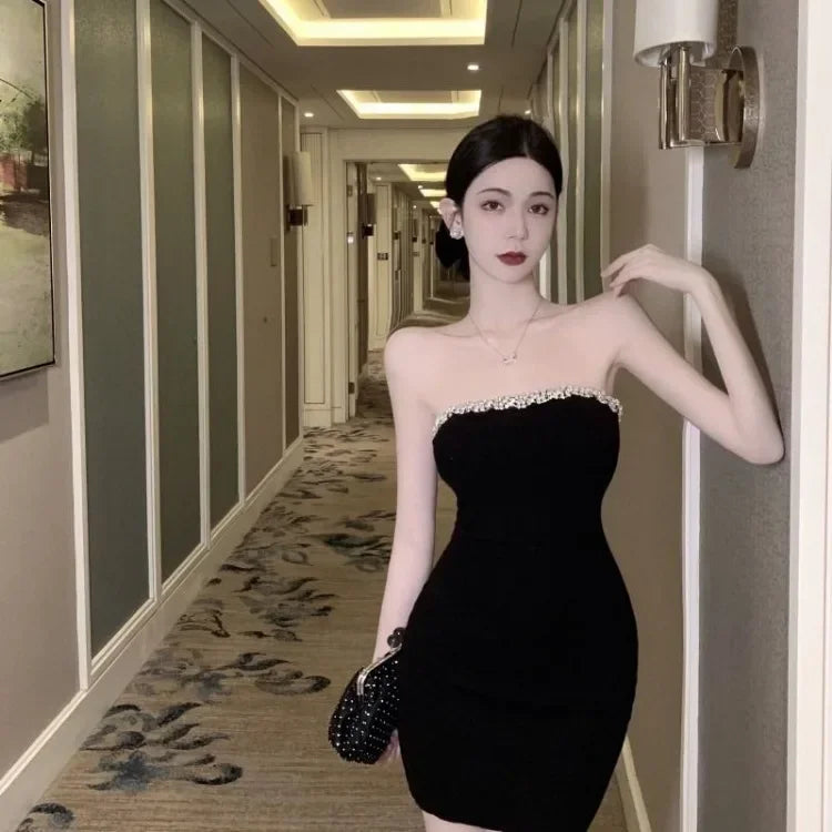 Hnewly Off Shoulder Diamond Strapless Dress for Women Sexy Slim Waist Black Bodycon Dresses Summer New Vestidos De Mujer