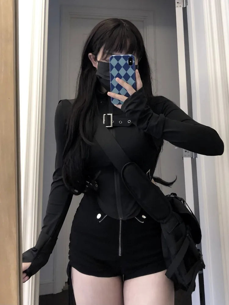 Hnewly Summer New Slim Fit Zipper Long Sleeve Black Tops Women+ Drawstring Ruched High Waist Shorts Y2k E-Girl Two Piece Sets