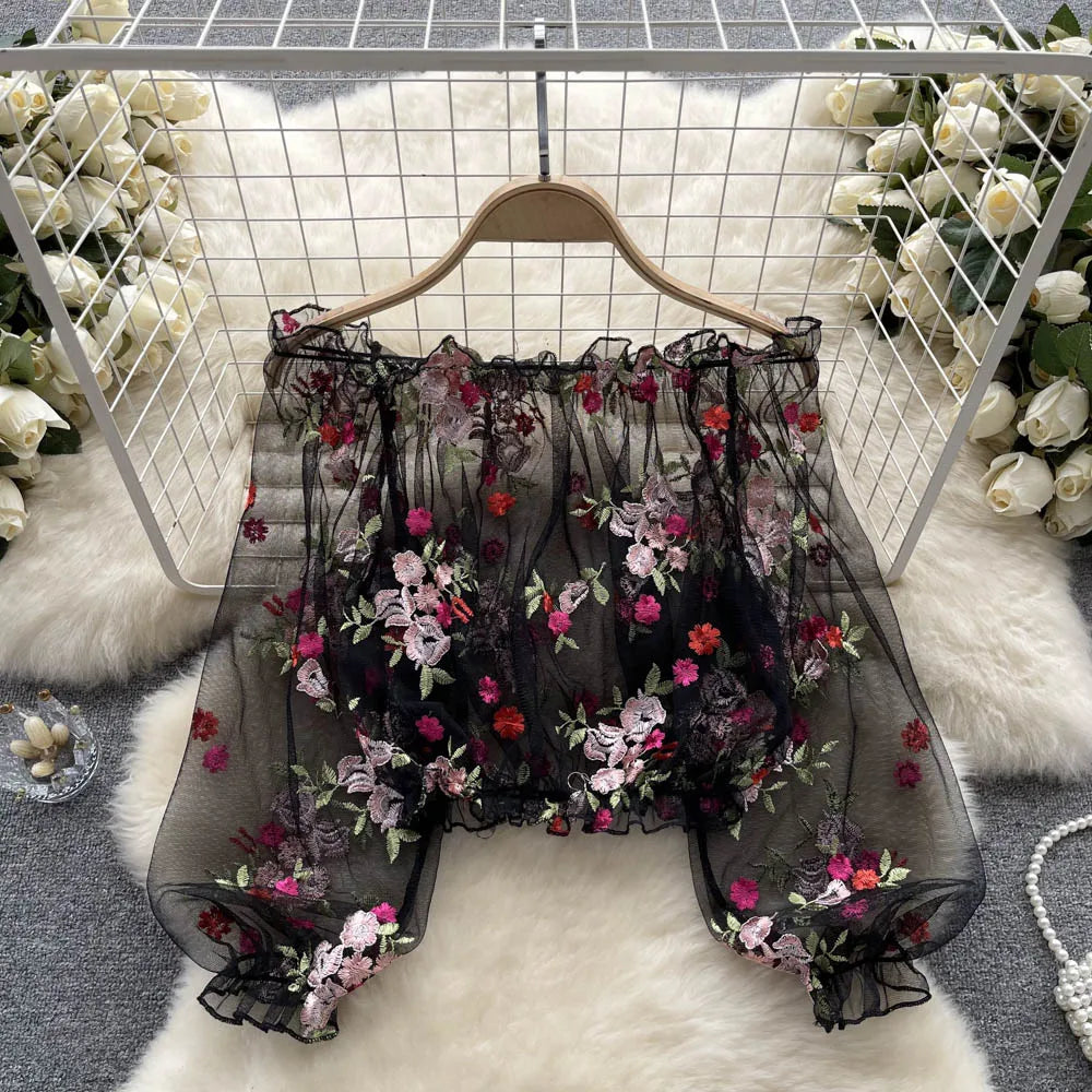 Hnewly  Women Summer Lace Shirt Elegant Off Shoulder Mesh Embroidered Perspective Shirt Loose Puff Long Sleeves Crop All-Matched Top