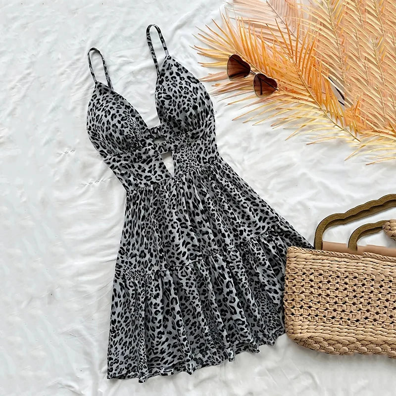 Hnewly Retro Leopard Printed Camis Dress Women Summer Sexy Hollow Out Sleeveless Mini Dress Harajuku Bohemian Beach Vacation Vestidos