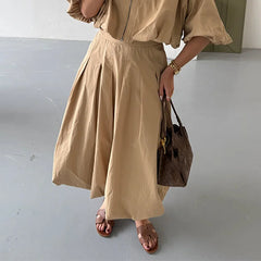 Hnewly  Women's Solid Half Lantern Sleeve Short Top Pleated Long Skirt Autumn New Female Outfit Casual Zipper Lapel Tops Skirts Set