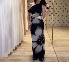 Hnewly  Autumn New One - Shoulder Sleeveless Slant Neck Floral Pattern Maxi Dress for Women, Elegant Draped Bodycon Bag Hip Long Dress