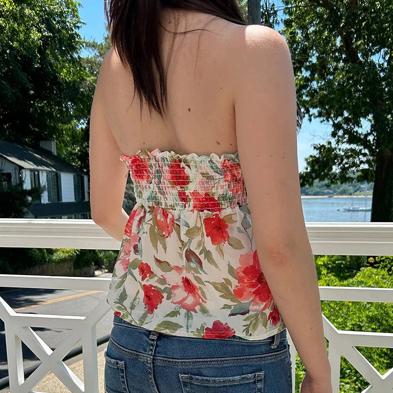 Hnewly Holiday Floral Print Mesh Tube Top Summer Kawaii Strapless A-line Crop Tops for Women Cute Coquette Vest Vintage Tee Lady