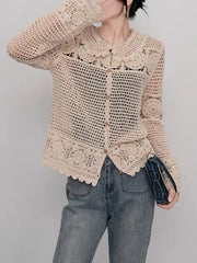Hnewly  Granny Crochet Knit Cardigan for Women Long Sleeve Collared Button-up Blouse Openwork Knit Cardi Top Vintage Outfit