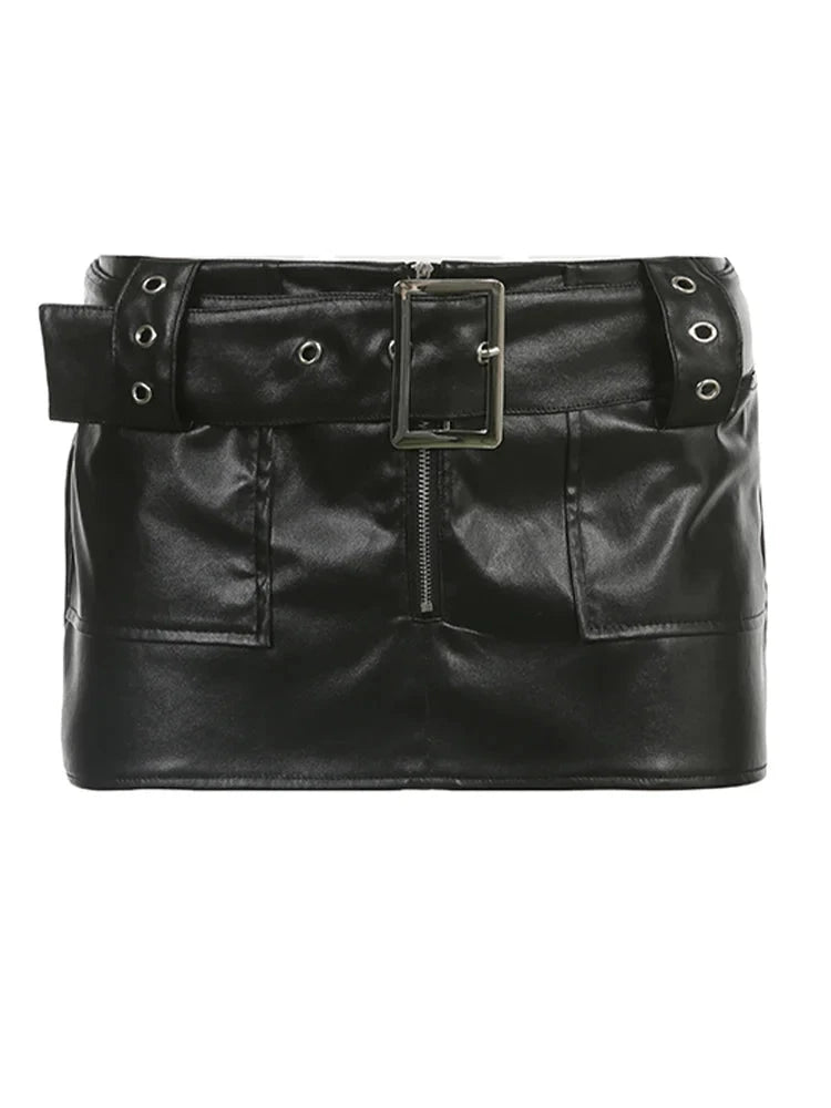 Hnewly Vintage Leather Skirts Belt Y2K Women'S Low Waist Mini Skirt Fashion Streetwear PU Straight Skirt 90s Punk Sexy Summer