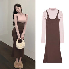 Hnewly DRESS TO IMPRESS Street Sexy Suspender Dress Women Autumn Winter Waist Tight Spice Girl Mermaid Skirt Bottom Long Sleeve T-Shirt 2 Piece Set
