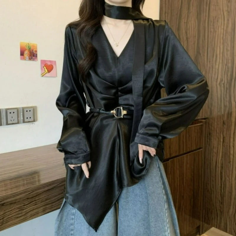 Hnewly  Elegant Ladylike Style Satin Ribbon V-neck Shirt Spring Autumn New Fashionable Large-sized Stylish Belt-cinched Loose Top