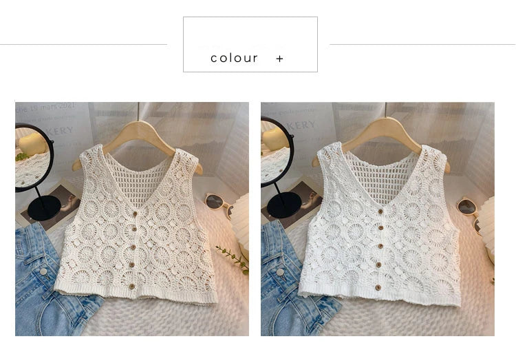 Hnewly Women Summer Hollow Out Knit Vest French Style V-Neck Sleeveless Hooked Flower Sweater 2023 New All-Match Outwear Short Top