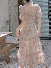 Hnewly DRESS TO IMPRESS French Elegant Vintage Dress Women Summer Short Sleeve Beach Style Floral Midi Dress Chic One Piece Dress Korea Women Party
