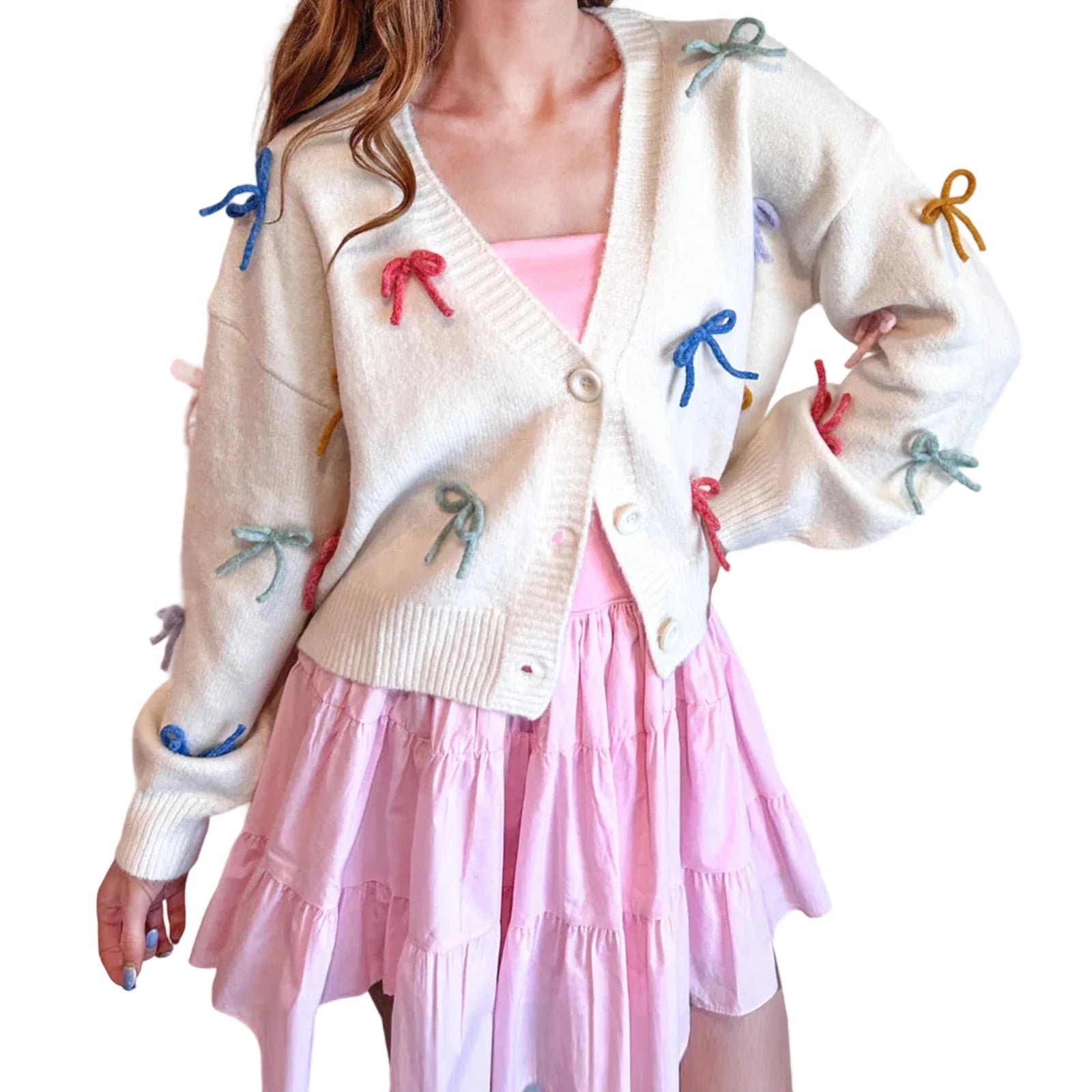 Hnewly y2k Cardigan Women Stylish 3D Bow V Neck Button Down Long Sleeve Sweater Jacket Top 2000s Aesthetic Clothing Streetwear