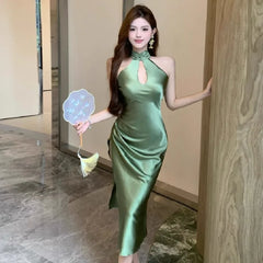 Hnewly  Women Dress Sexy Elegant Hollow Out Sleeveless Slim Split Backless Vintage Temperament Dresses Summer Fashion Female