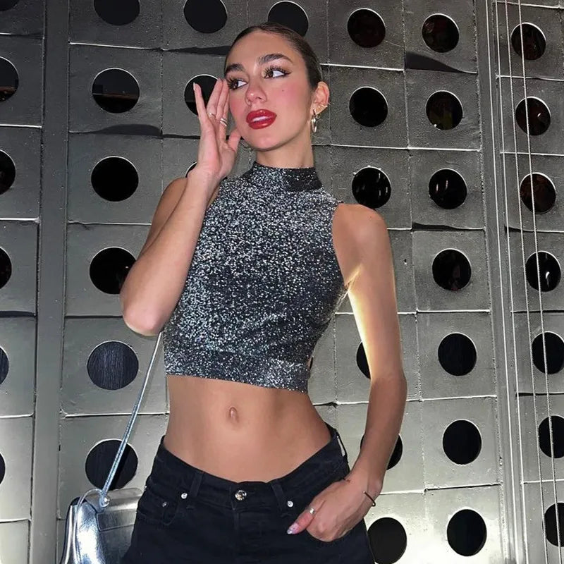 Hnewly Sexy Women Backless Tank Top Y2K Bling Glitter Sleeveless Bandage Crop Tops Summer Girl Fashion Streetwear Skinny Vest