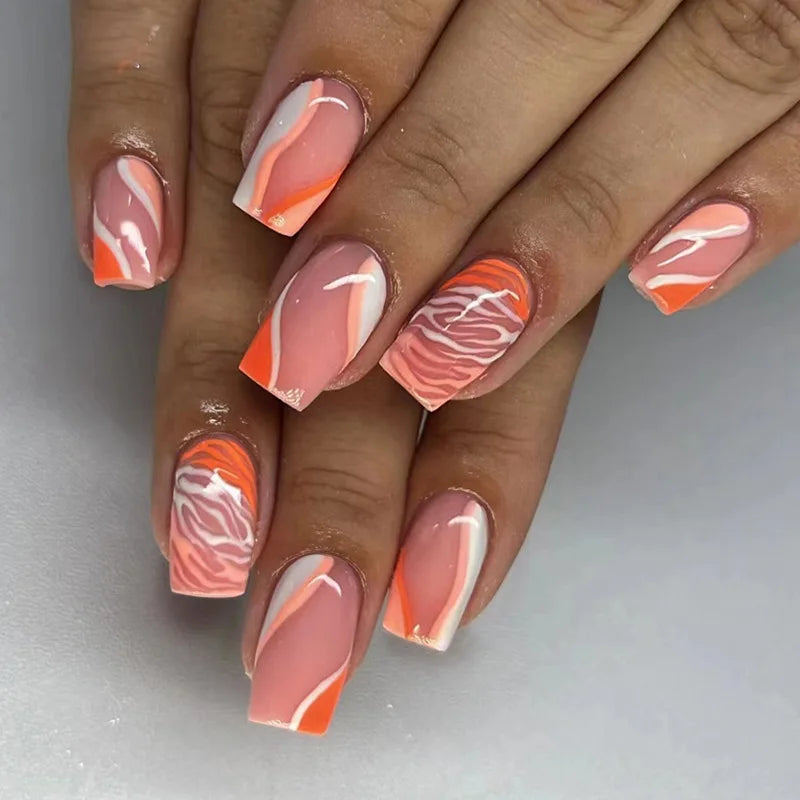Hnewly 24Pcs Press On Nails Simple French Colorful Wavy Abstract Line Fake Nails Full Cover Nail Art Tips Coffin Square Head False Nail