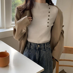 Hnewly  Rib Knit Top Mock Neck Long Sleeve Slim Fitted Sweater Mockneck Pullovers Women Plain Jumper Teen-girl Fall Winter Outfit