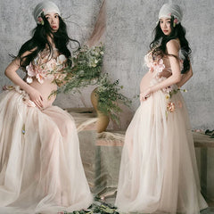 Hnewly  Women Maternity Dress Set for Studio Photoshoot Flower Floral Tube Top with Mesh Skirt Scarf 3pcs Set for Pregant Photo Shooting