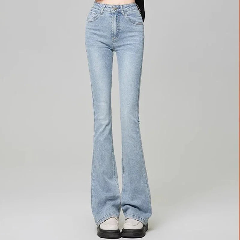 Hnewly Women Vintage High Street Bell Bottom Jeans Lady Sexy Slim Fit Denim Flare Pants Deep Blue Light Blue Black Blue Gray Trousers