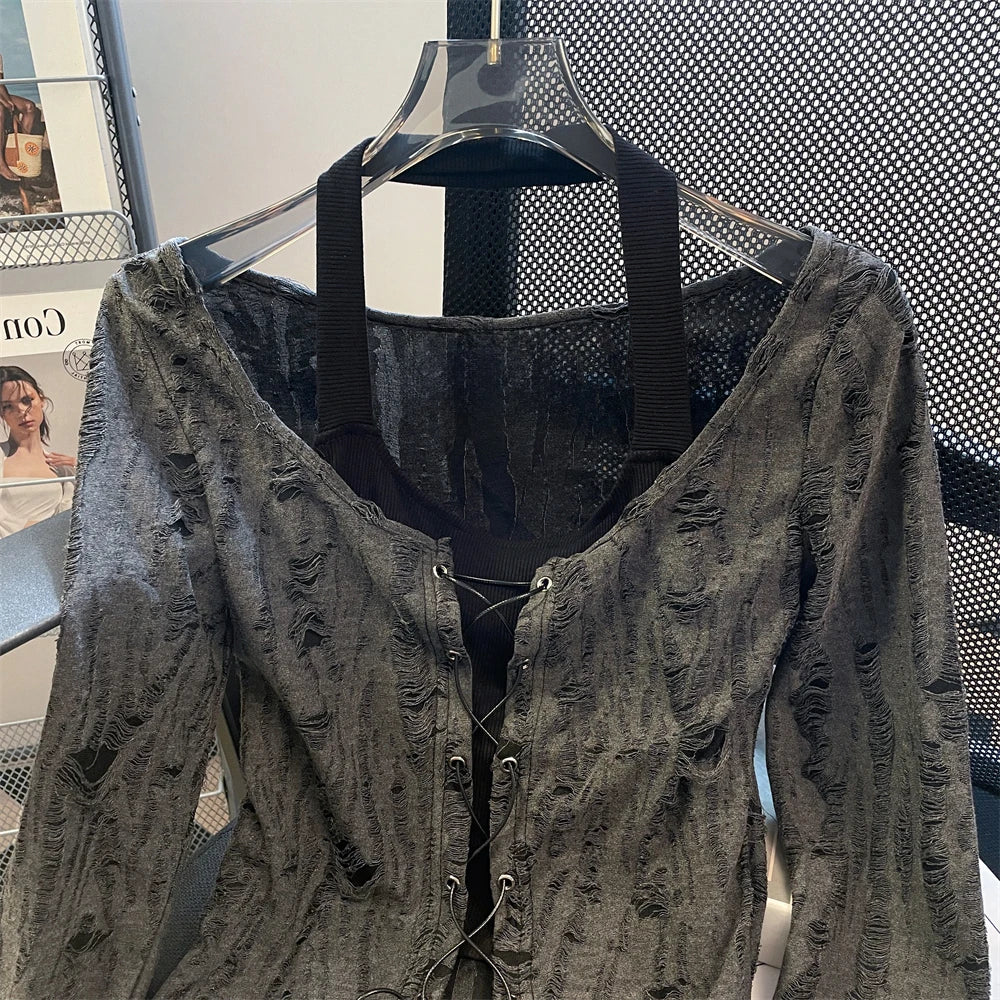 Hnewly  Destressed Two Piece Set Lace-up Cardigan with Cami Women's Y2K Grunge Crop Long Sleeve Criss Cross Knit Tops Acubi Outfit
