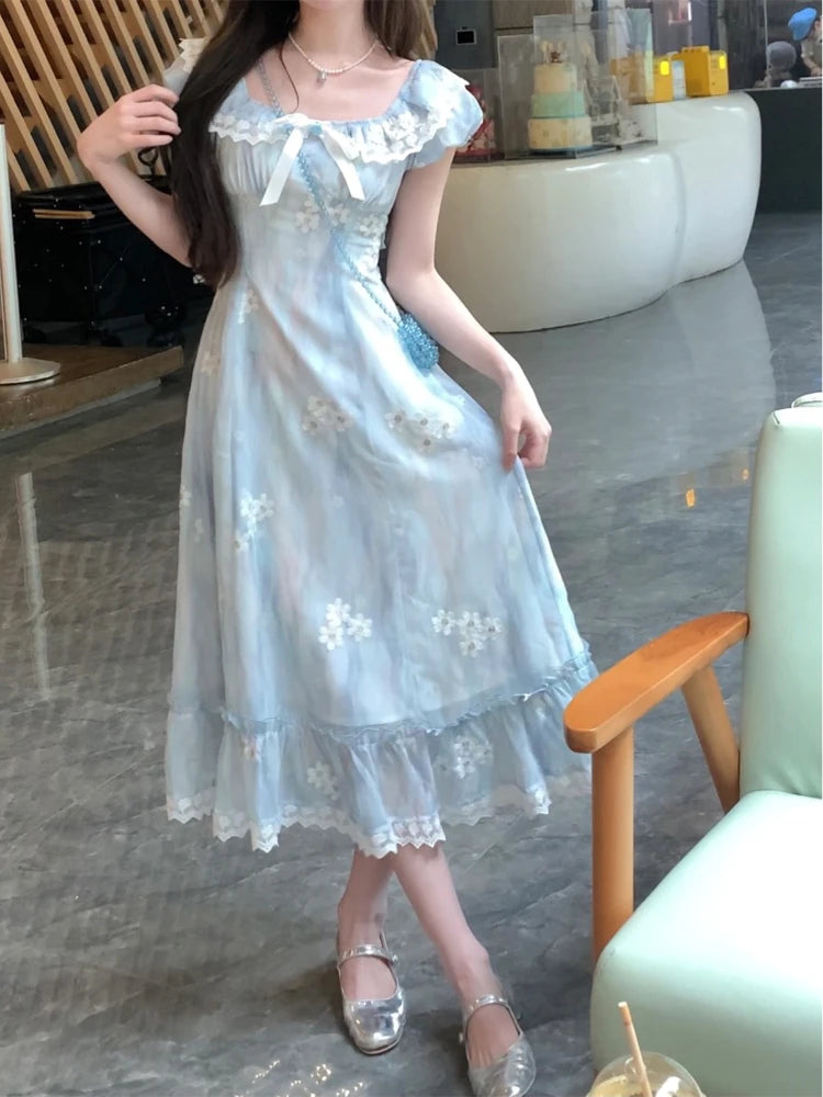 Hnewly Kawaii Japanese dress lolita y2k Sweet Blue Floral Dress Women Casual Evening Party One Piece Dress Korean Fashion Summer