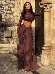 Hnewly  Cutenew Patchwork Mesh Women Maxi Dress Hipster Stacked Ruched Hollow See Through Full Sleeve Split Long Robe Female Party Frock