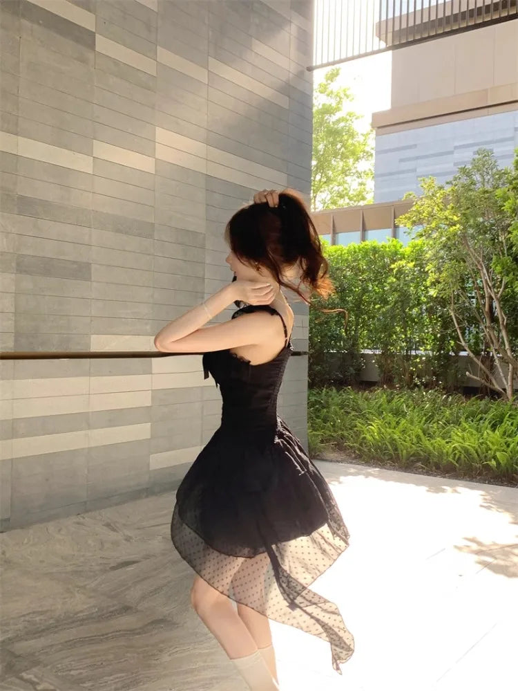 Hnewly  Woman Dress Sexy Irregular Slim Ruffles Patchwork Sleeveless Square Collar Bow Party Mini Dresses Female Fashion