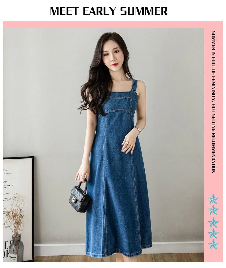 Hnewly  Denim Spaghetti Strap Dress New Summer Women's Retro Strap A-Line Dress Classic Blue Tea-Length Versatile Slim Sun Dresses