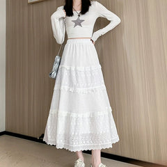 Hnewly  Elegant Lace Patchwork White Cake Skirt Women Summer Hollow Out Draped Long Skirts Lady Casual A-Line Elastic Waist Skirt Mujer