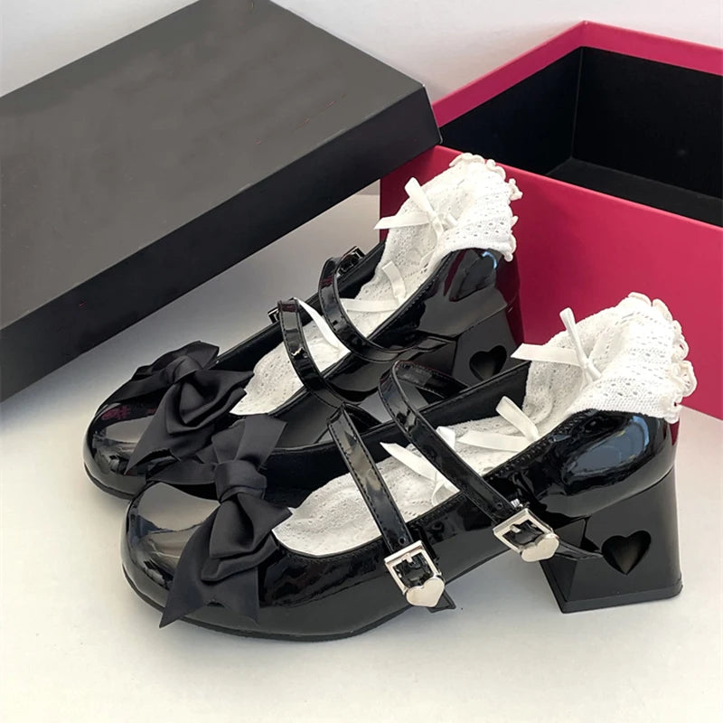 Hnewly Pink Mary Jane Lolita Shoes Women Autumn Y2K Patent Leather Low Heels Pumps Woman Silk Bowtie Ankle Straps Party Shoes
