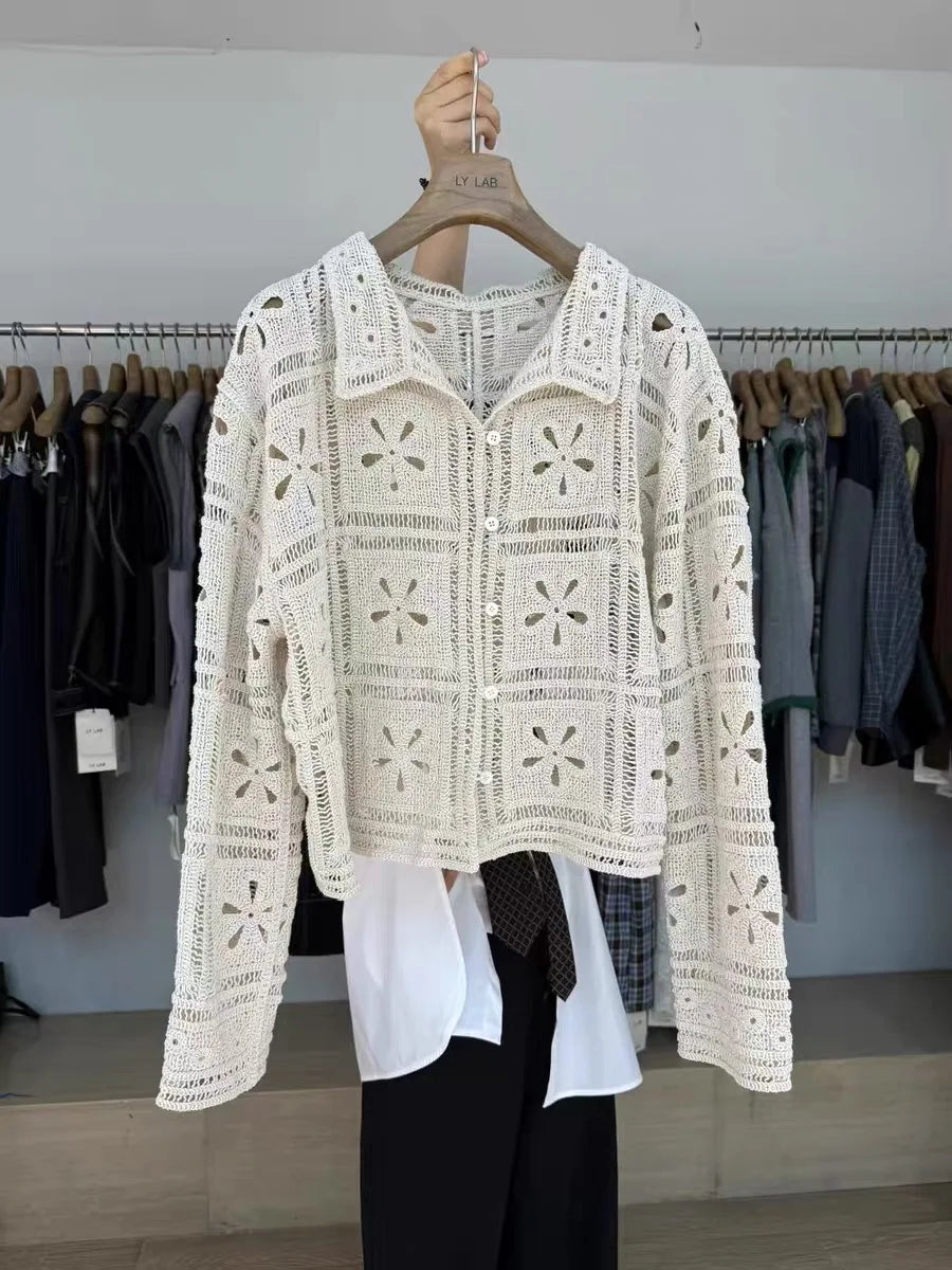 Hnewly  Embellished Crochet Cardigan for Women Long Sleeves Button-up Polo Collar Openwork Knitted Jacket Boho Chic Vacation Outfit
