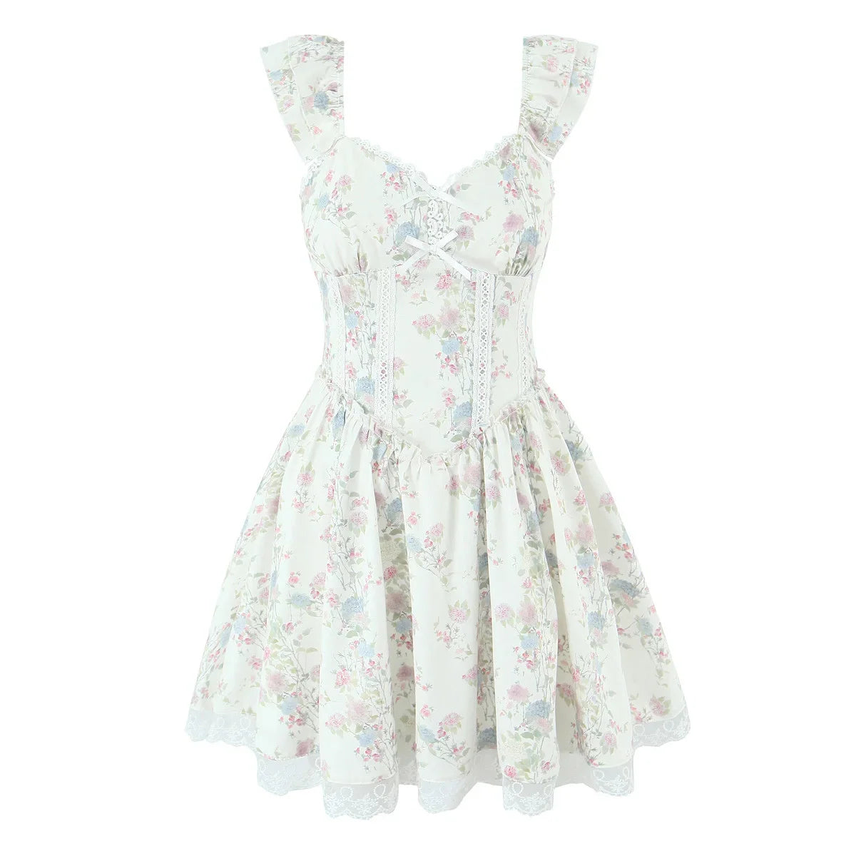 Lunivop  French Style Floral Print Mini Summer Dress Women Flying Sleeves V Neck Lace Spliced A-line Dresses Party Robe Vestidos