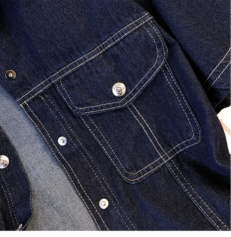 Hnewly  Deep Blue Short Sleeve Denim Jacket For Women Spring/Summer Lapel  Single Breasted Korean Loose All-Match Short Casual Top