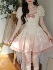 Hnewly  Bubble Sleeve Kawaii Lolita Mini Dress Women Pink Bow Princess Sweet Party Cute Dress A-Line Elegant Fairy Dress Spring New