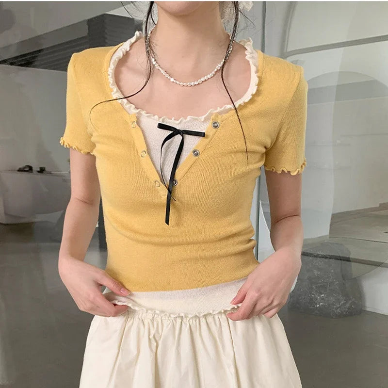 Hnewly  Fashion Bow Knot Design O-Neck Spicy Girl Top Streetwear Patchwork Slim Tees for Women Summer New Flared Sleeve Blouse Ladies