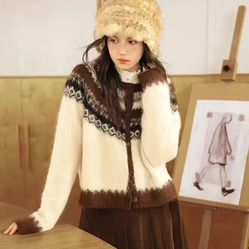 Hnewly  Button Up Fair Isle Sweater Cardigan Soft Knit Sweater Jacket Geometric Print Cozy Knitwear Teen-girl Fall Winter Vintage Outfit