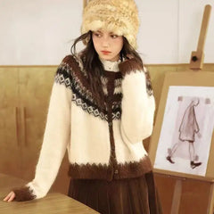 Hnewly  Button Up Fair Isle Sweater Cardigan Soft Knit Sweater Jacket Geometric Print Cozy Knitwear Teen-girl Fall Winter Vintage Outfit