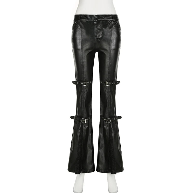 Hnewly  PU Flare Pant Goth  Lace Patchwork Pants Women Fashion Y2K Streetwear Vintage Aesthetics Casual Trouesrs