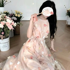 Hnewly  Hanging Neck Fairy Dress For Women New Summer Sleeveless Floral Long Dress French Style Vacation Party Dress
