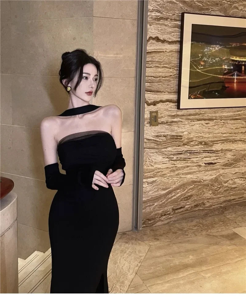 Hnewly Red Knitted Y2k Dress Women's Sleeveless Halter Split Sexy Solid Stretch Slim Fit Backless Women Party Dress Elegant Robe Femme