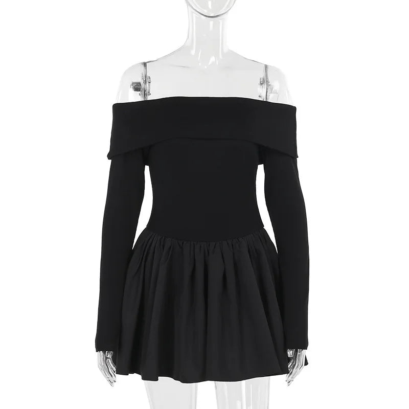 Hnewly  One-Shoulder Folds Dress For Women Fashion Sexy Backless Slim Long Sleeve A-Hem Short Dress Female Chic Club Party Dress