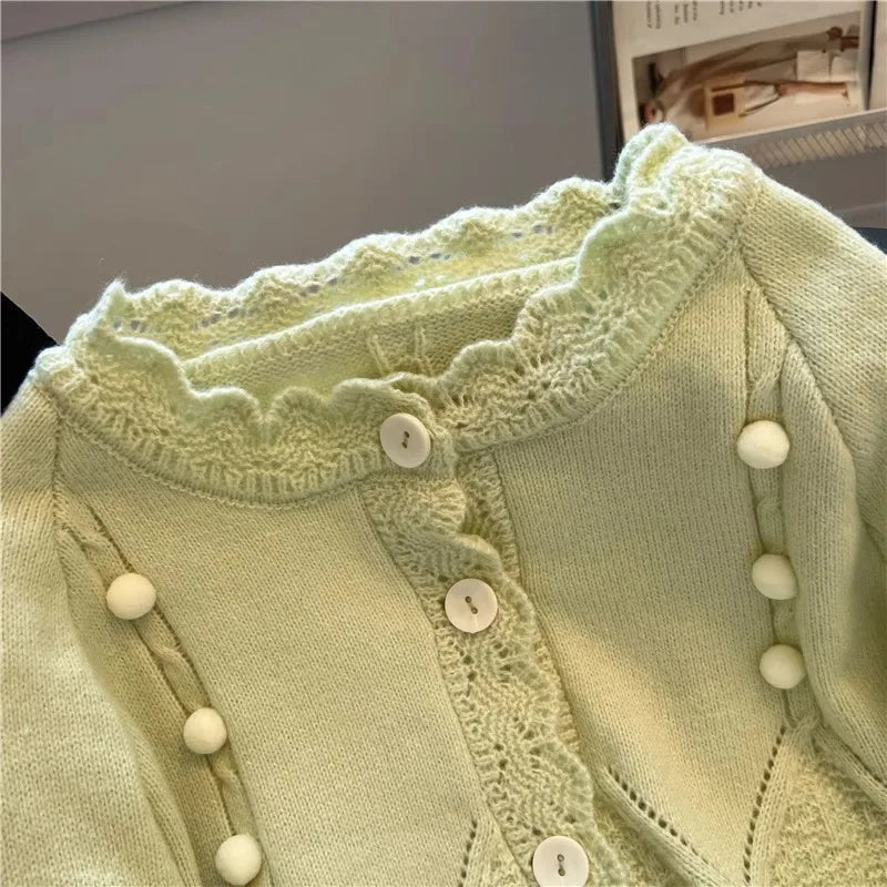 Hnewly  Korean Sweater Cardigan Women's Spring Autumn 2025 Versatile Soft Knitted Jacket Elegant Lace Single Breasted Long Sleeved Top