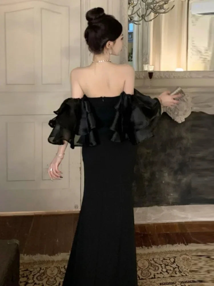 Hnewly DRESS TO IMPRESS Elegant Party Dress Women High End Lantern Sleeve Strapless High Waist Split Long Dresses Korean Fashion Slim Vestidos