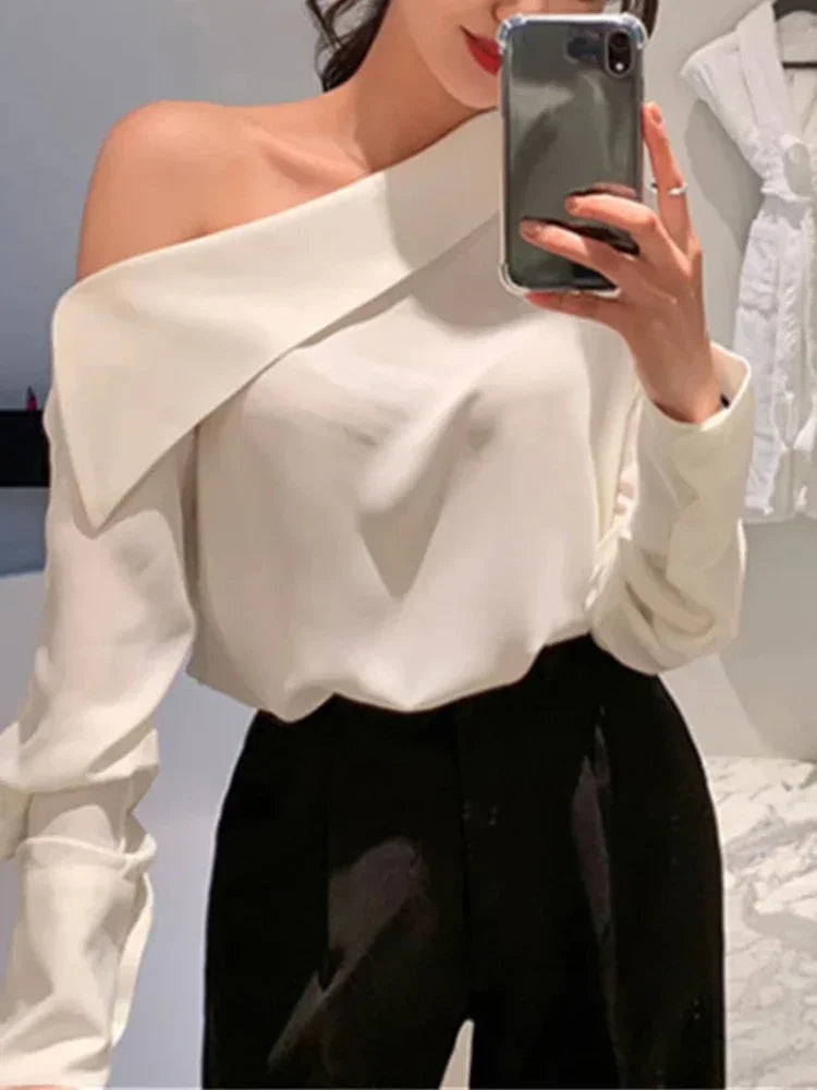 Hnewly FALL OUTFITS Elegant Women Sexy Korean One Black Top Spring Summer Leisure Versatile Women's Off The Shoulder Long Sleeved White Blouses