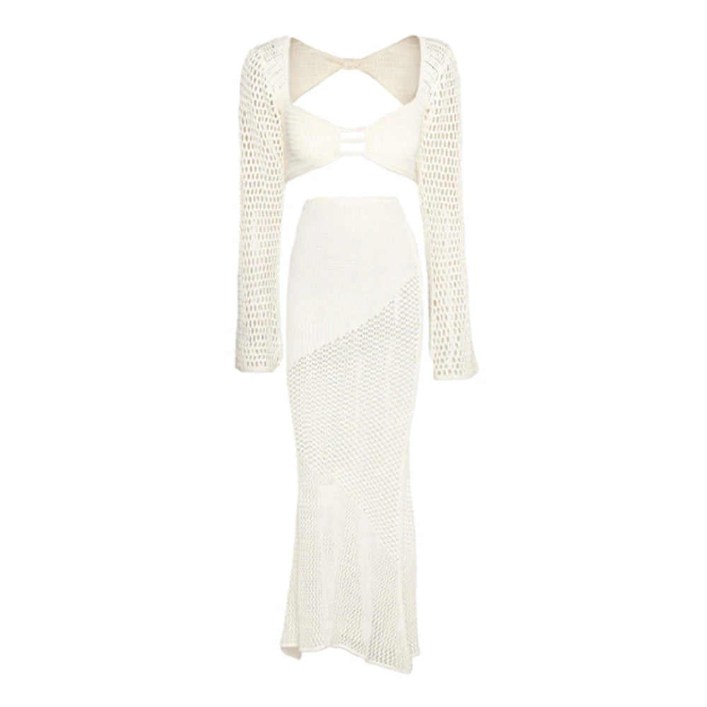 Hnewly  White Knit Maternity Dress Photoshoot Hollow Out Pregnancy Outfit Two Piece Beach Maternity Photography Prop Baby Shower Gown