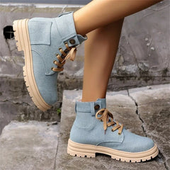 Hnewly  Autumn and Winter Fashion New Warm Solid Color Sexy Round Toe Lace-up Comfortable Square Heel Elegant Women's Short Boots