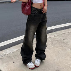Hnewly Streetwear Grunge Baggy Jeans Women Vintage Distressed Straight Leg Y2K Denim Pants 90s Aesthetic Outfits Washed Chic
