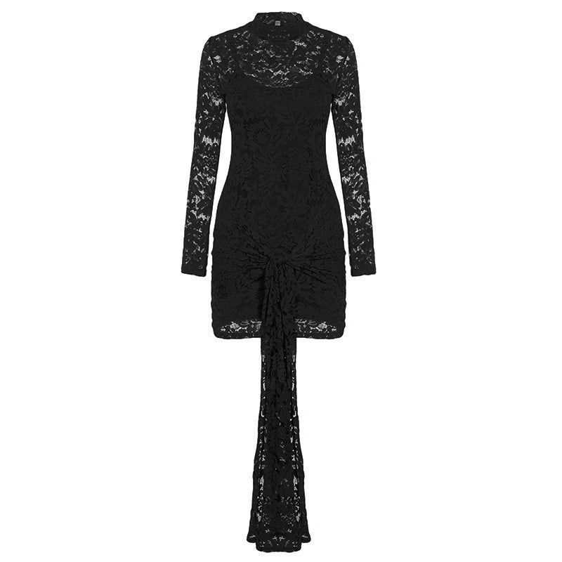 Hnewly  Sexy Lace Stand Collar Bell Sleeve Bodycon Dress Women See Through Clubwear Party Mini Dress Grunge Fairycore Coquette