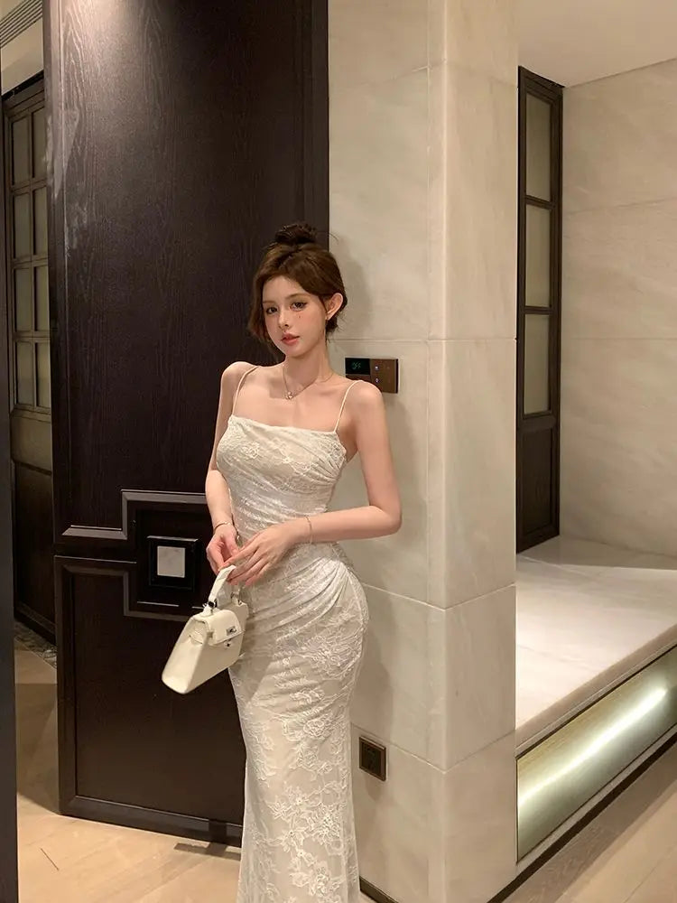 Hnewly  Woman Dress Backless Lace Patchwork Sleeveless Slash Neck Slim Sexy Temperament Party Dresses Female Elegant Chic