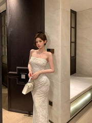 Hnewly  Woman Dress Backless Lace Patchwork Sleeveless Slash Neck Slim Sexy Temperament Party Dresses Female Elegant Chic